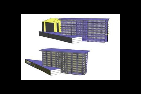 Energy model 3D view of the proposed building (top) and baseline building (bottom) for the LEED scheme.